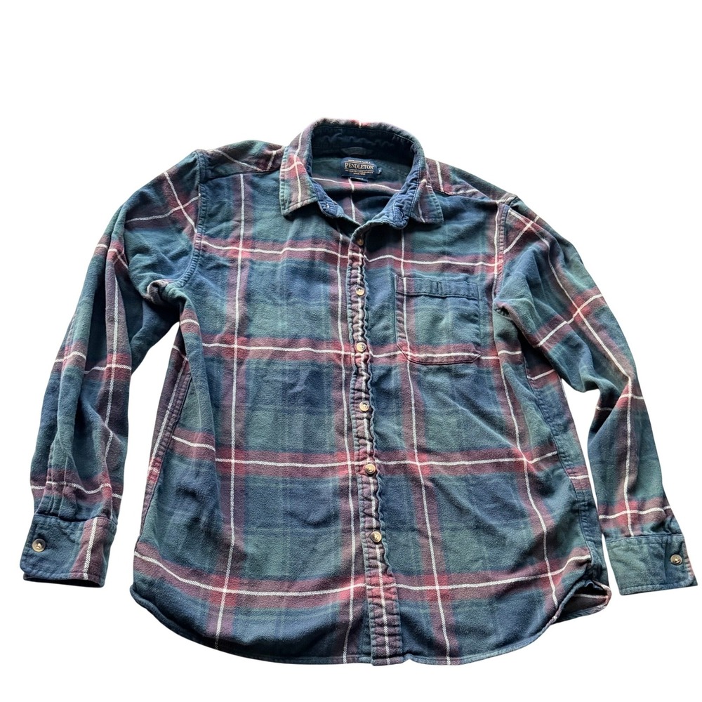 Pendleton Mens Plaid Flannel Button‎ Down Shirt Large Blue Green Cotton Chore